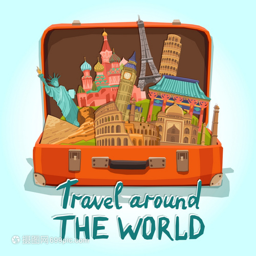 开放旅游手提箱与世界遗产国际地标矢量插图旅游手提箱插图
