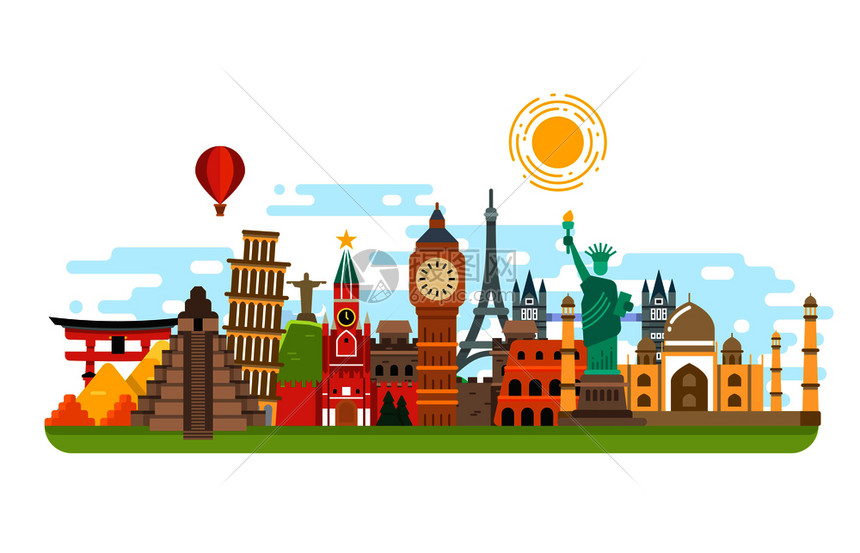 世界著名的旅行标志国际矢量旅游概念背景著名古迹建筑文化标志插画图片下载-正版图片302618098